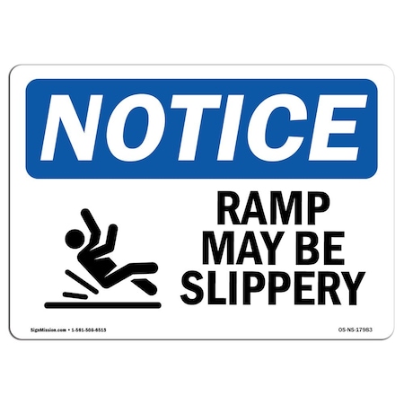 OSHA Notice Sign, Ramp May Be Slippery With Symbol, 24in X 18in Rigid Plastic